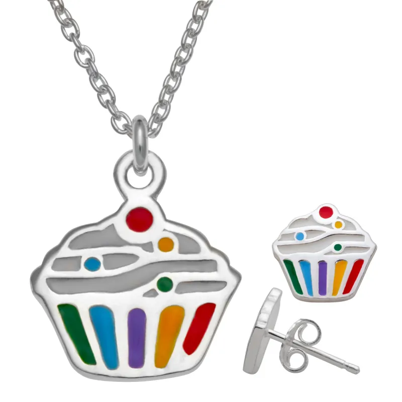 Sterling Silver Cupcake Necklace and Earring Set sold by Limoges Jewelry