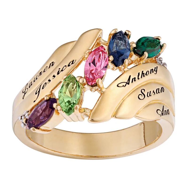 Family Marquise Birthstone Name Ring with Diamond Accent sold by Limoges Jewelry
