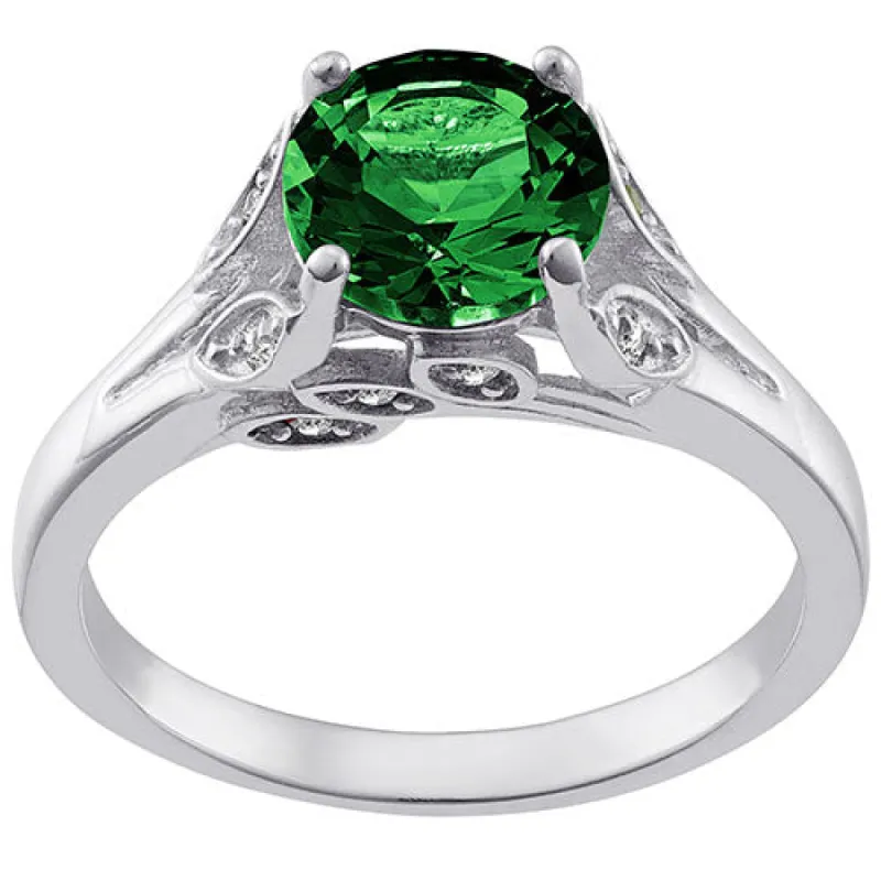 Silver Plated Simulated Emerald with Clear Crystal Leaves Ring sold by Limoges Jewelry