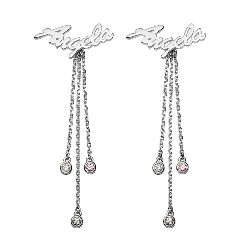 Sterling Silver Script Name Crawler Earrings with Birthstones sold by Limoges Jewelry