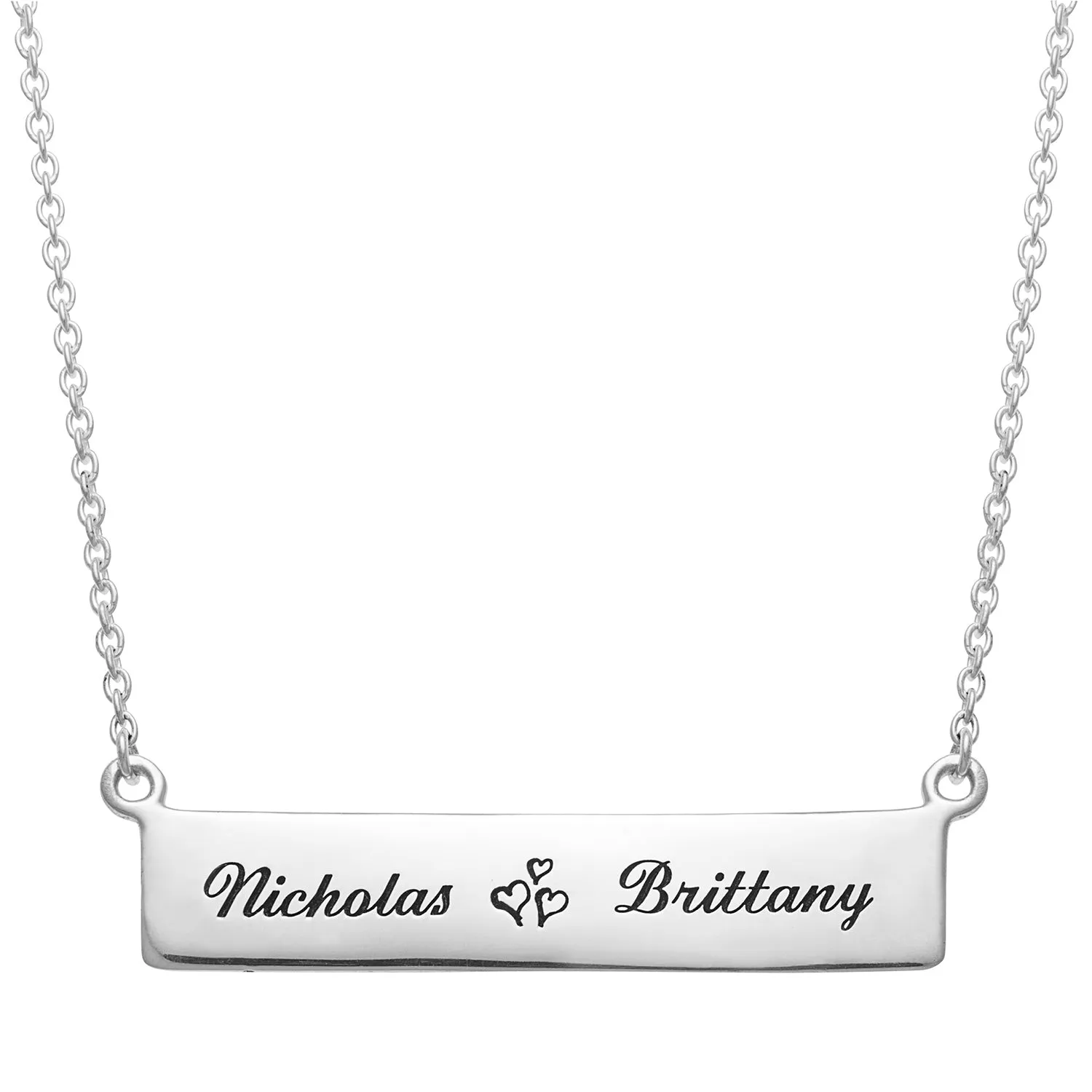 Sterling Silver Couple's Name Bar with Hearts Necklace sold by Limoges Jewelry