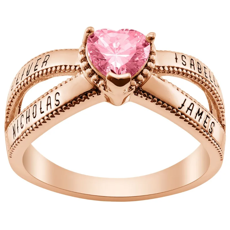 14K Rose Gold Plated Mother's Heart Birthstone Family Name Ring sold by Limoges Jewelry