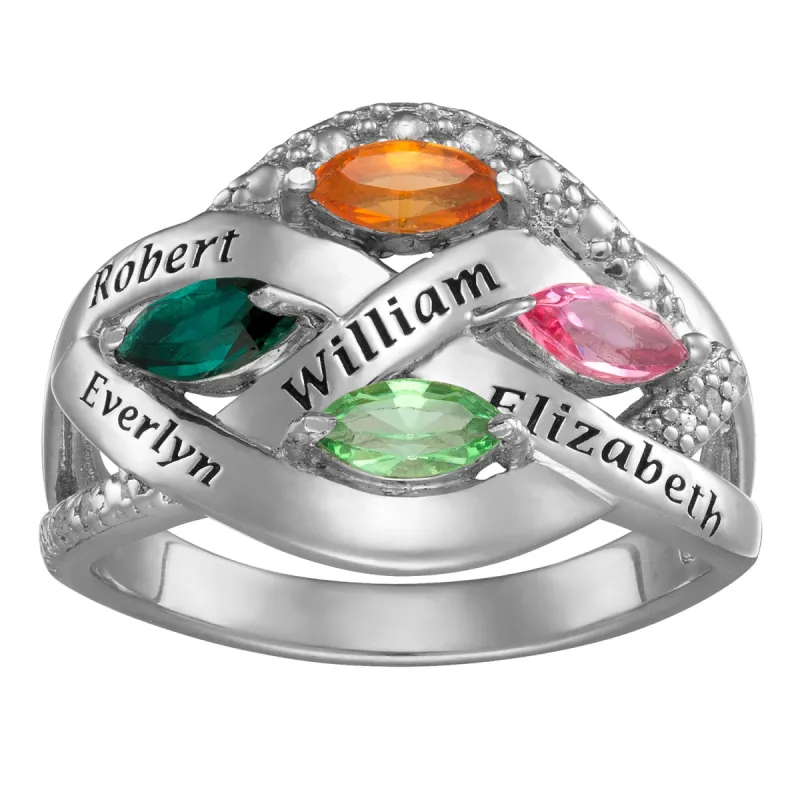 Sterling Silver Family Name and Marquise Birthstone Ring with Diamond Accent sold by Limoges Jewelry