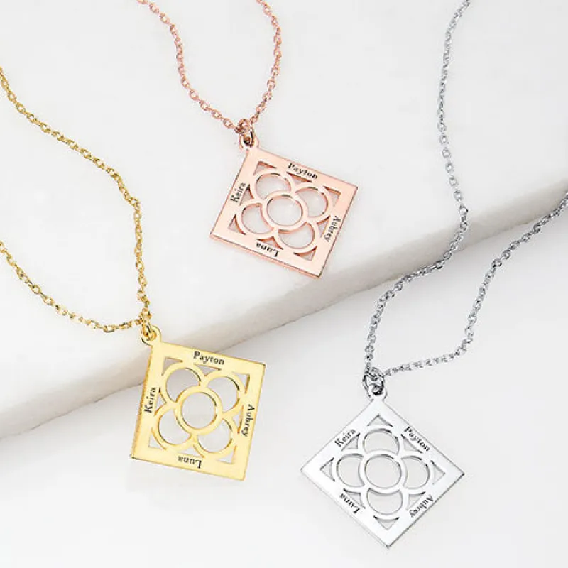 Engraved Diamond Shape with Flower Necklace sold by Limoges Jewelry