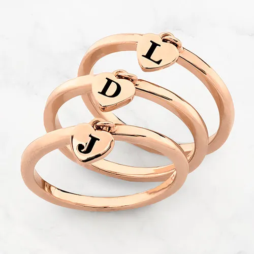 14K Rose Gold Plated Stackable Initial Heart Charm Ring - Set of 3 sold by Limoges Jewelry