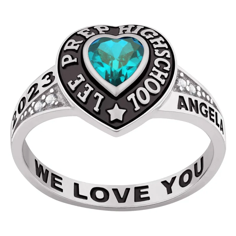 Ladies' Sterling Silver Traditional Heart Birthstone with CZ Accents Class Ring sold by Limoges Jewelry