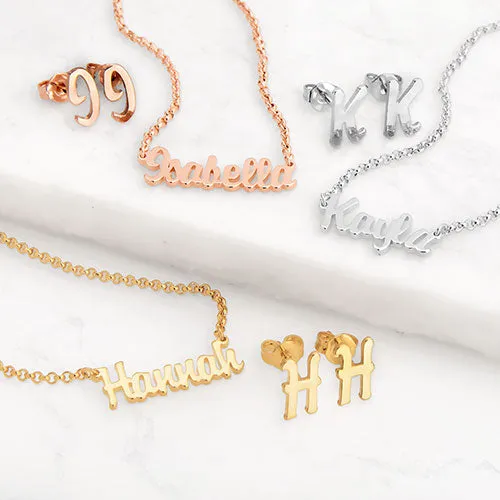 Sterling Silver Petite Script Name Necklace and Initial Earring Set sold by Limoges Jewelry