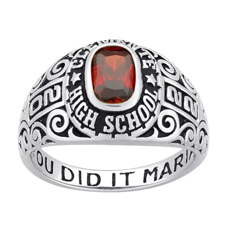Ladies CELEBRIUM Fancy Scroll Birthstone Class Ring sold by Limoges Jewelry
