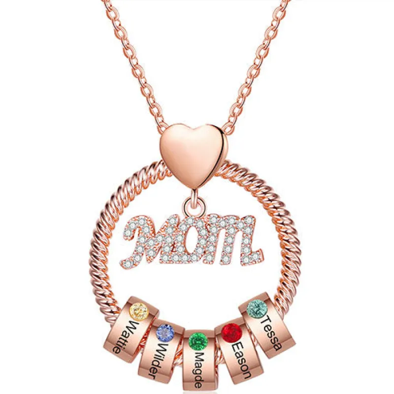 Rose Gold Plated Mom Circle Pendant with Engraved Birthstone Charm sold by Limoges Jewelry