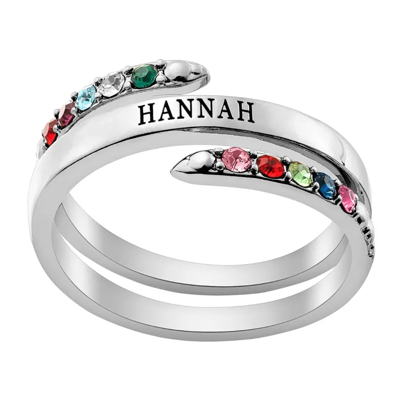 Silver Plated Engraved Family Birthstone Bypass Ring sold by Limoges Jewelry