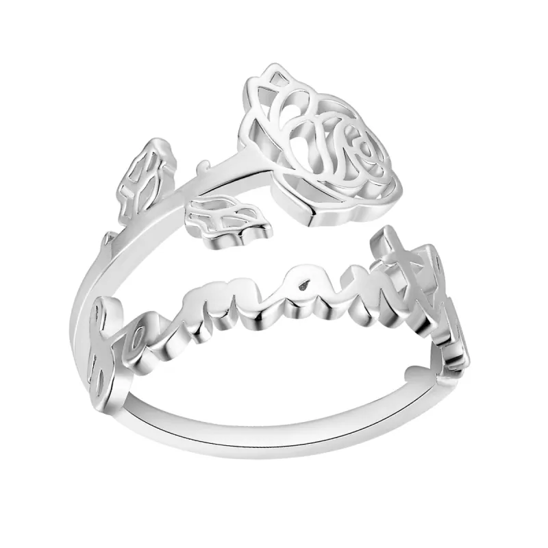 Sterling Silver Script Name and Birthmonth Flower Bypass Ring sold by Limoges Jewelry