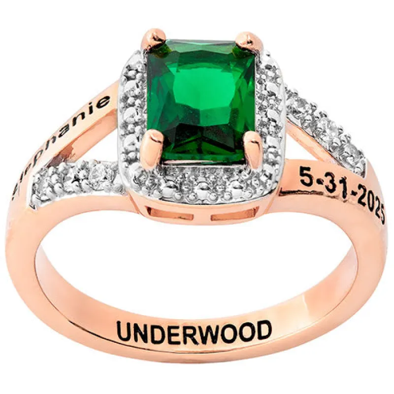 Ladies' 14K Rose Gold over Sterling Emerald Cut Birthstone with CZ Class Ring sold by Limoges Jewelry