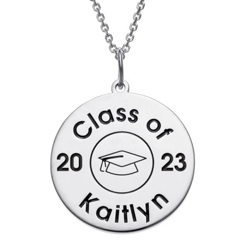 Sterling Silver Engraved Graduation Disc Necklace with Grad Cap sold by Limoges Jewelry