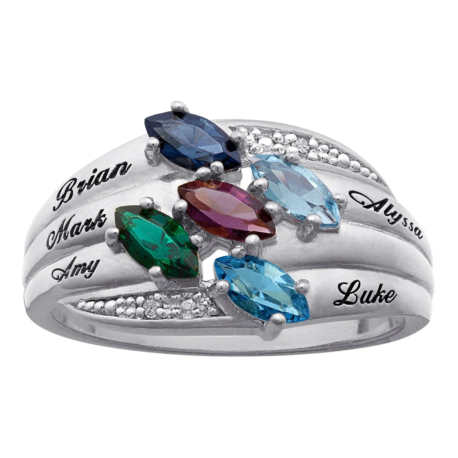 Sterling Silver Marquise Birthstone & Name Family Ring With Diamond Accent sold by Limoges Jewelry