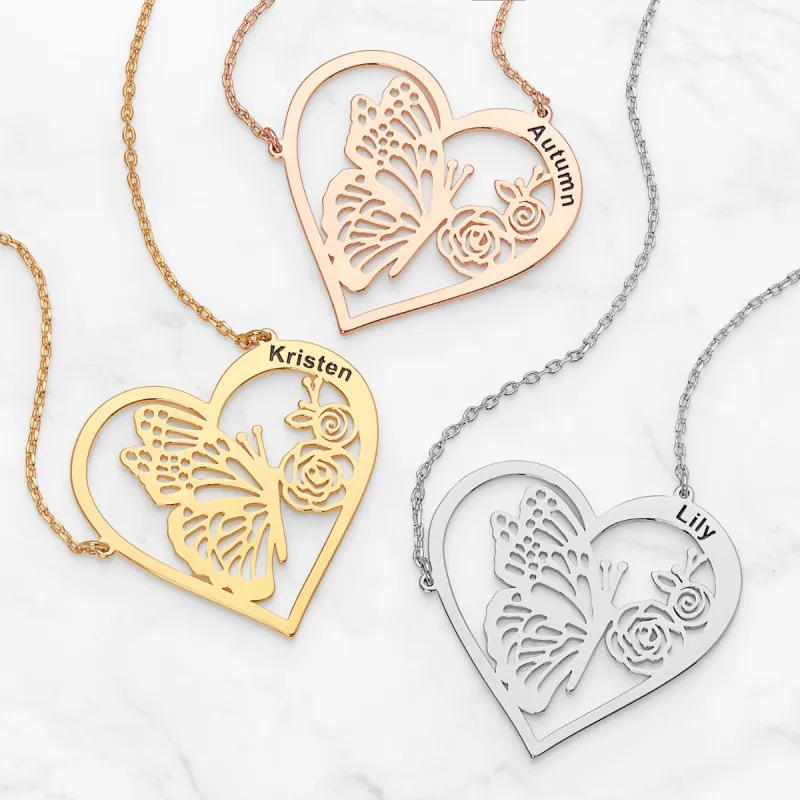 Filigree Butterfly Heart Engraved Name Necklace sold by Limoges Jewelry