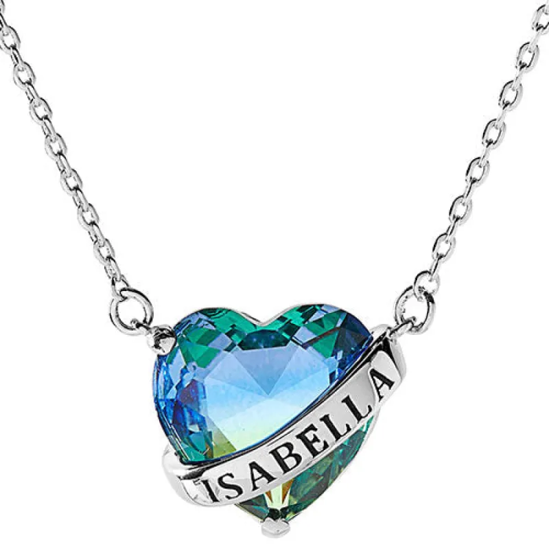 Silver Plated Bold Name Wrapped Iridescent Heart Necklace sold by Limoges Jewelry