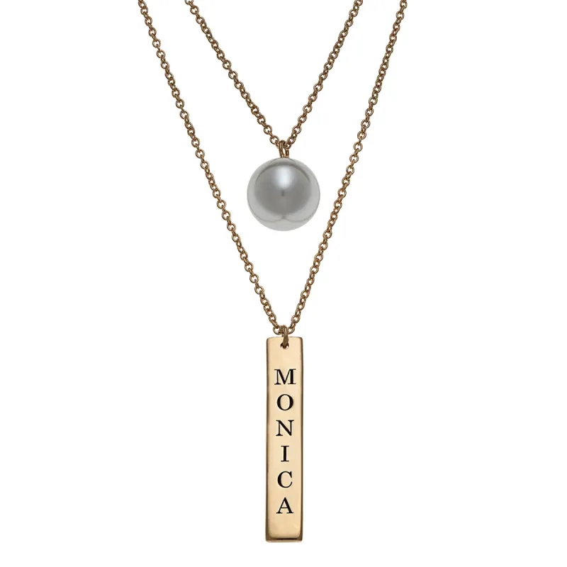 14K Gold over Sterling Engraved Bar and Pearl Layered Necklace sold by Limoges Jewelry