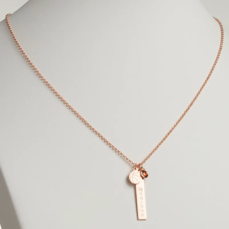 14K Rose Gold Plated Name Necklace with Basketball Charm and Birthstone Dangle sold by Limoges Jewelry