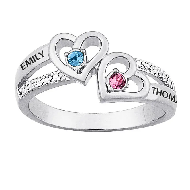 Sterling Silver Couples Genuine Birthstone & Diamond Name Ring sold by Limoges Jewelry