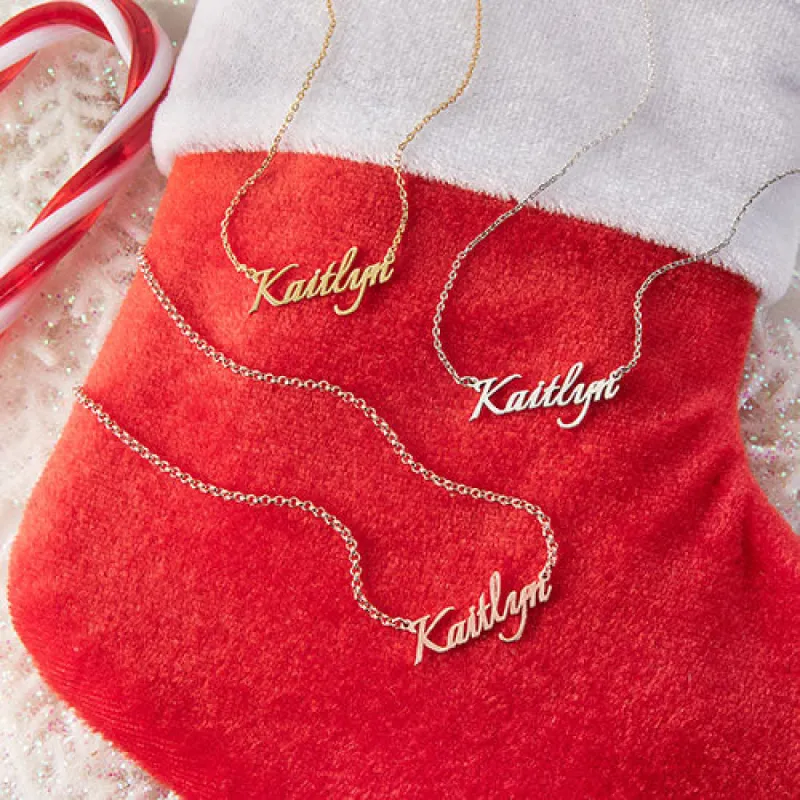 Sterling Silver Fancy Script Name Plaque with Free Stocking sold by Limoges Jewelry