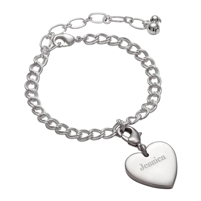 Silver Plated Engraved Heart Charm with Double Link Kid's Bracelet sold by Limoges Jewelry