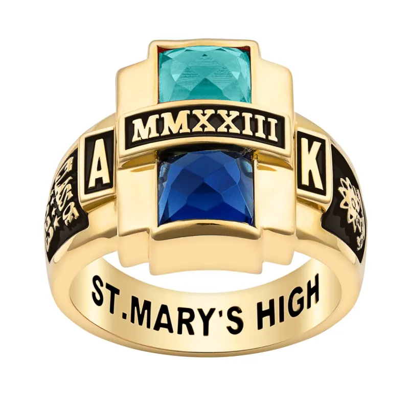 Ladies' 14K Gold Plated Double Birthstone Rectangle Class Ring made by Limoges Jewelry