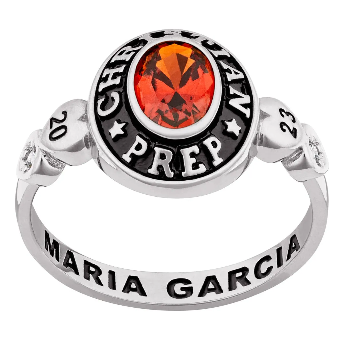 Ladies' Platinum Celebrium? Oval Birthstone with CZ and Hearts Class Ring sold by Limoges Jewelry