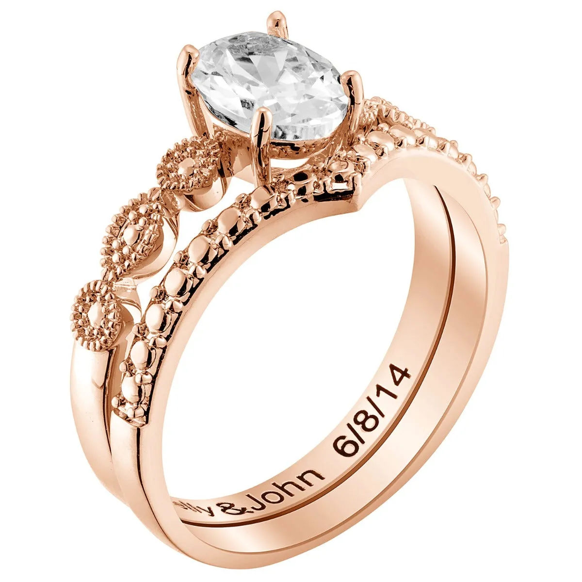 14K Rose Gold Plated Oval Stone 2 Piece Wedding Ring Set sold by Limoges Jewelry product image thumbnail 2