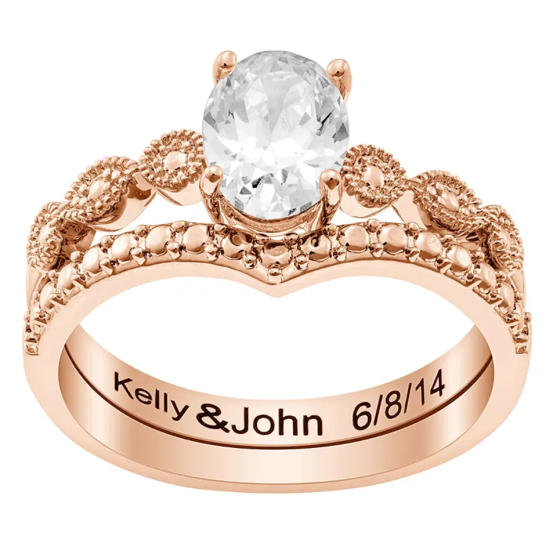 14K Rose Gold Plated Oval Stone 2 Piece Wedding Ring Set sold by Limoges Jewelry