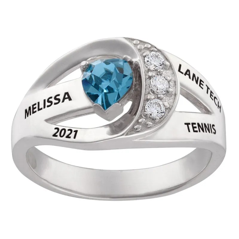Sterling Silver Freestyle Heart Birthstone Class Ring with CZ sold by Limoges Jewelry