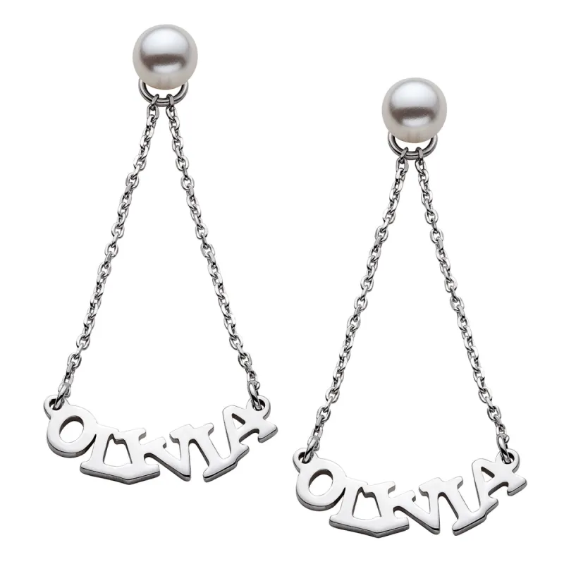 Sterling Silver Name with Pearl Dangle Earrings sold by Limoges Jewelry