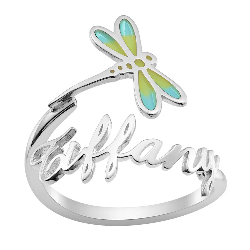 Silver Plated Script Name with Enamel Dragonfly Bypass Ring sold by Limoges Jewelry