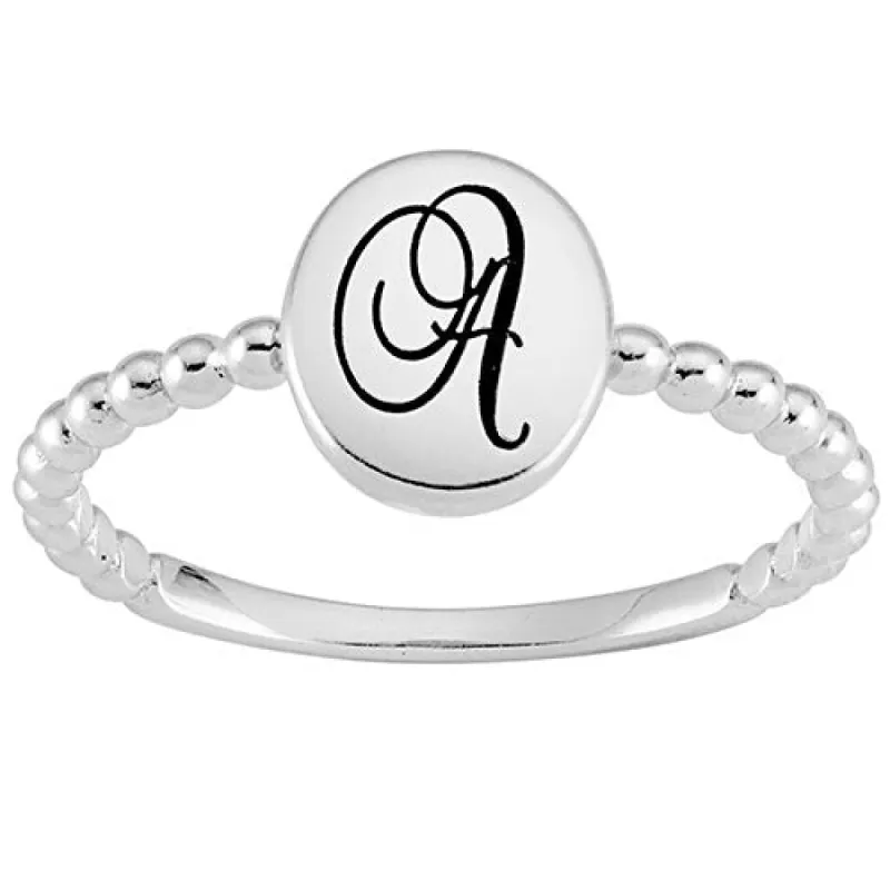 Sterling Silver Engraved Script Initial Beaded Ring sold by Limoges Jewelry