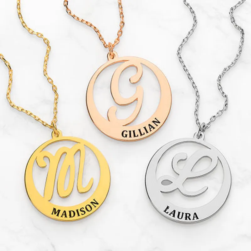 Initial and Engraved Name Tapered Disc Necklace sold by Limoges Jewelry