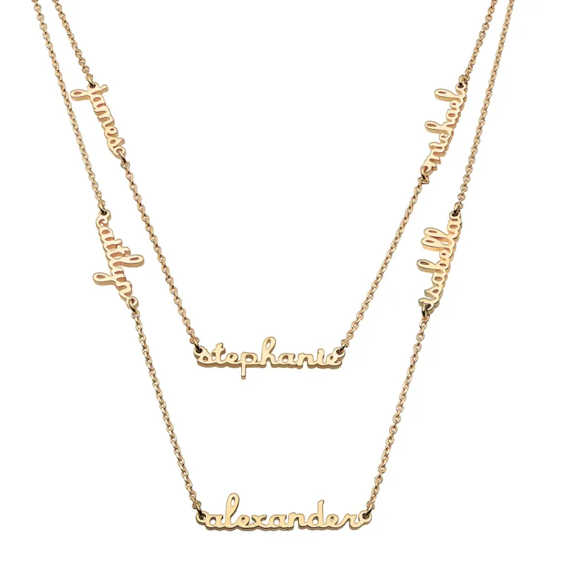 14K Gold over Sterling Petite Script Family Name Layered Necklace- 6 Names sold by Limoges Jewelry