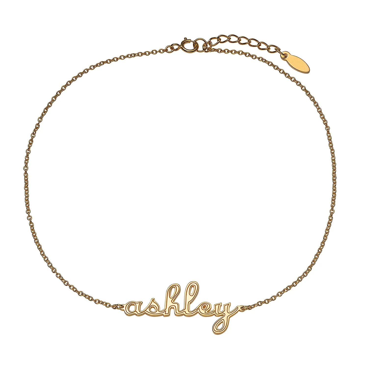 14K Gold over Sterling Lowercase Script Name with Outline Anklet sold by Limoges Jewelry