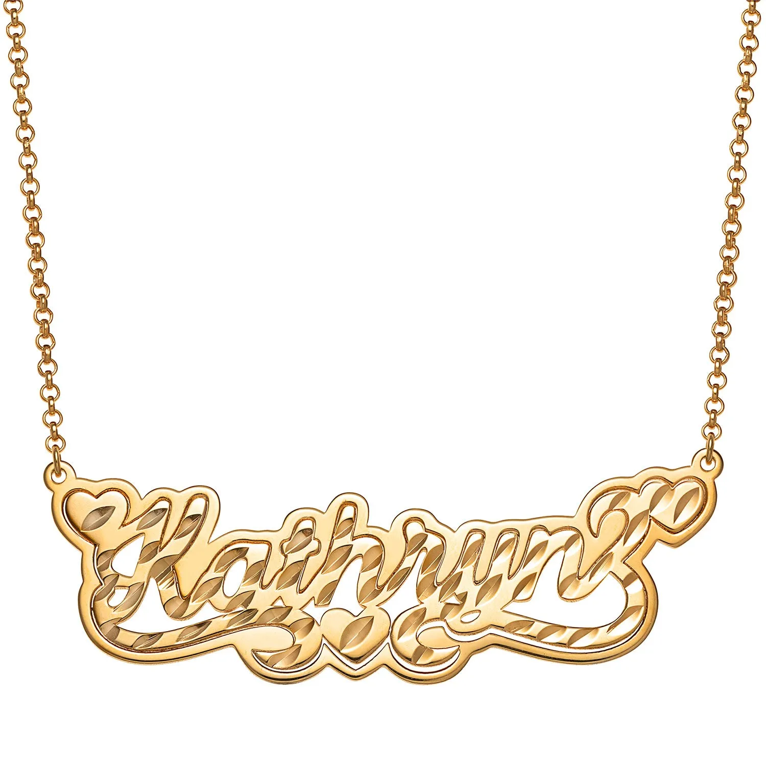 14K Gold over Sterling Name with Diamond Cut and Heart Swirl Necklace sold by Limoges Jewelry