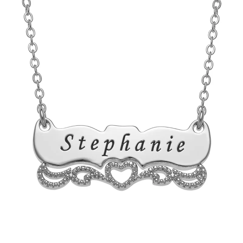 Engraved Name with Heart Scroll Plaque Necklace sold by Limoges Jewelry