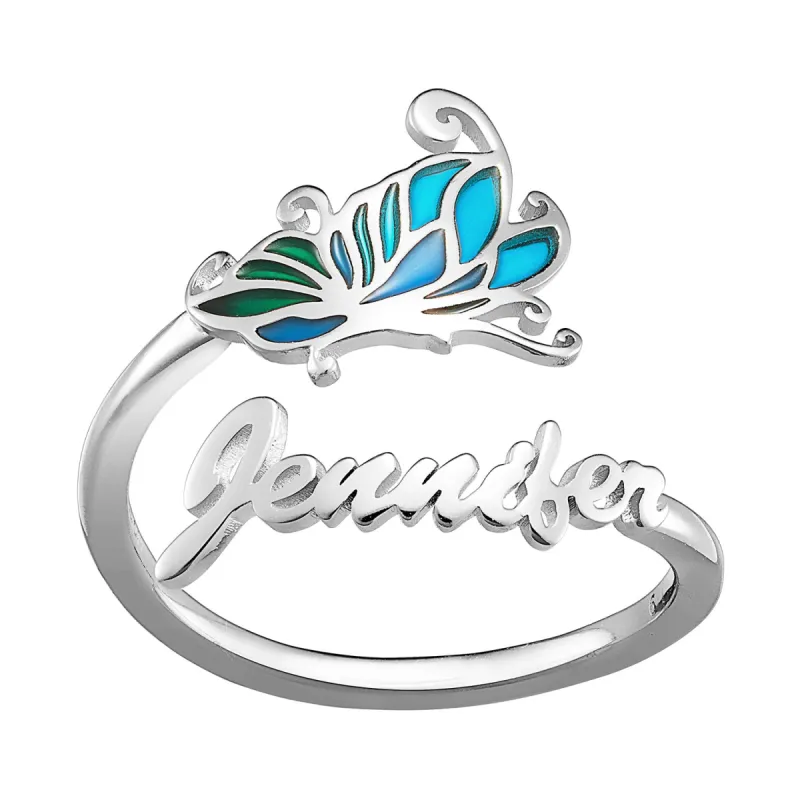 Silver Plated Script Name Bypass Ring with Multicolor Blue Enamel Butterfly sold by Limoges Jewelry