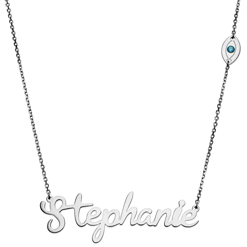 Silver Plated Script Name with Evil Eye Station Necklace sold by Limoges Jewelry