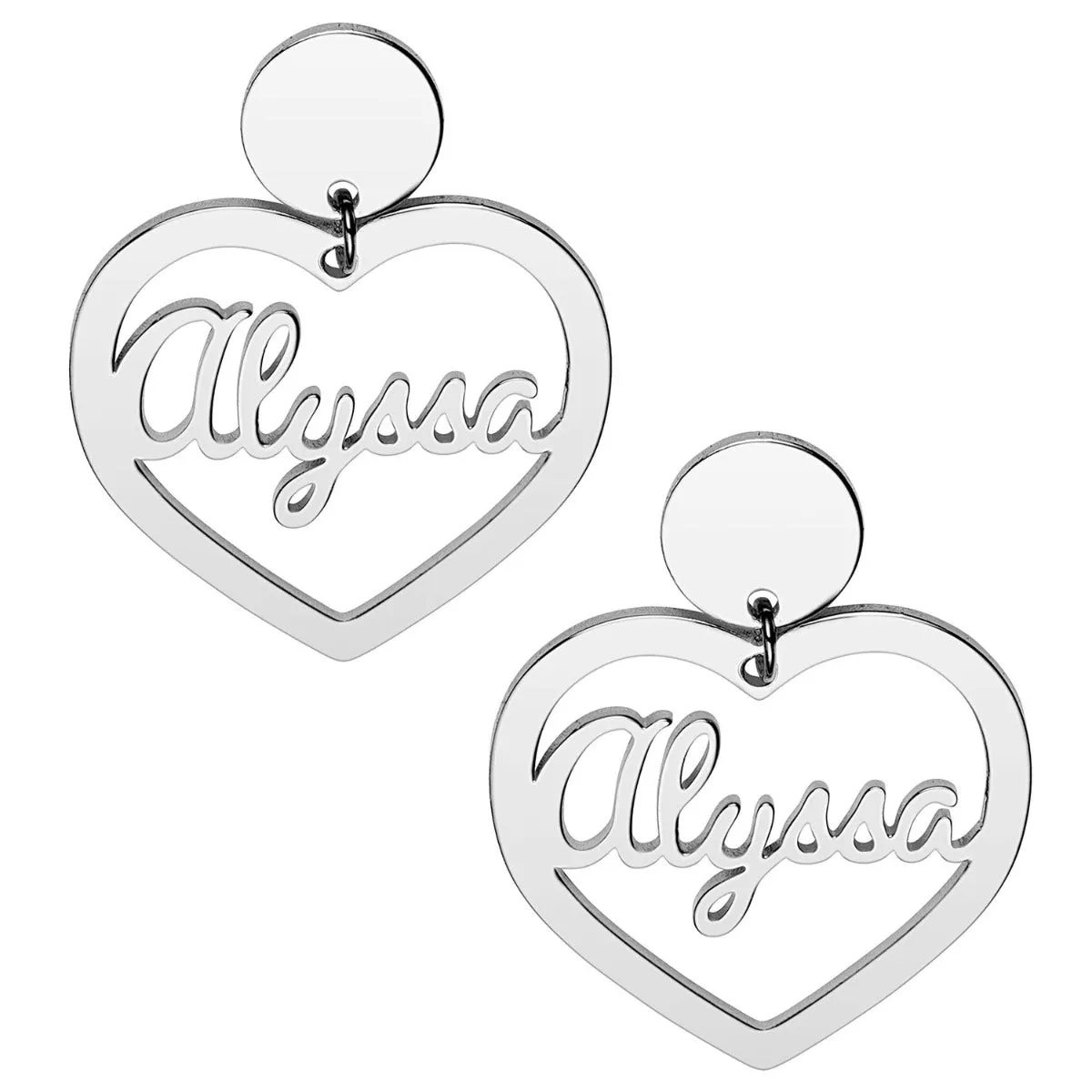 Silver Plated Script Name Heart with Circle Dangle Earrings sold by Limoges Jewelry