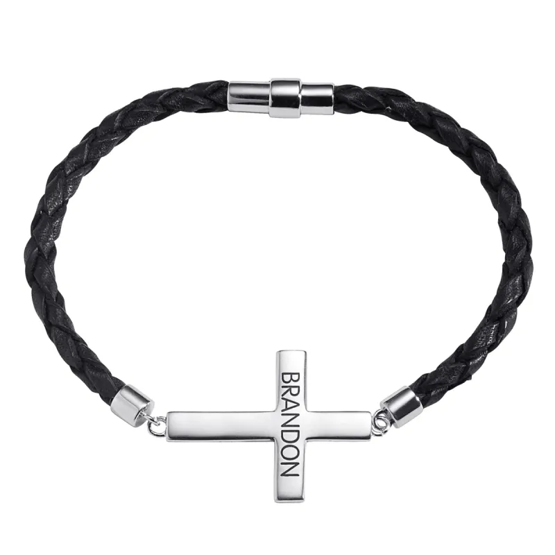 Sterling Silver Cross Name Leather Bracelet sold by Limoges Jewelry