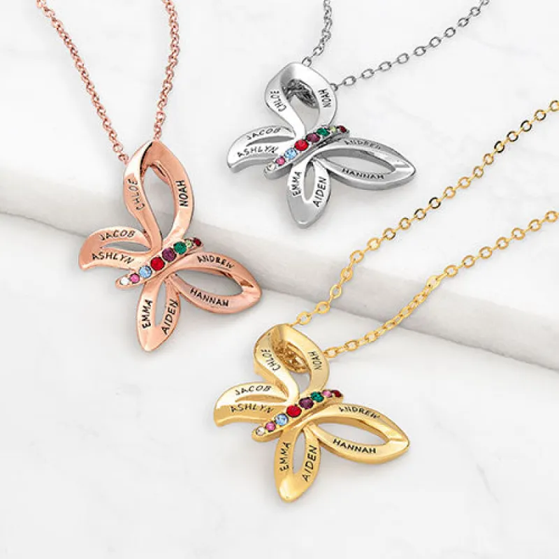 Persoanlized Engraved Name and Birthstone Family Butterfly Necklace sold by Limoges Jewelry