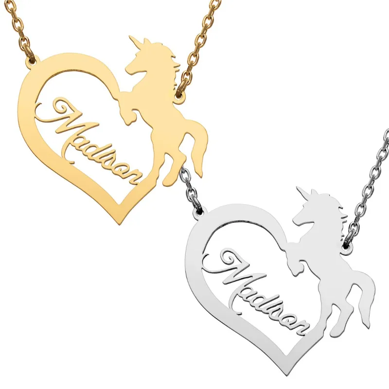 Stainless Steel Open Heart with Name and Unicorn Necklace sold by Limoges Jewelry