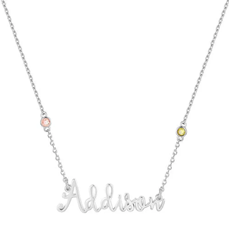 Sterling Silver Whimsical Script Name and Birthstone Necklace sold by Limoges Jewelry