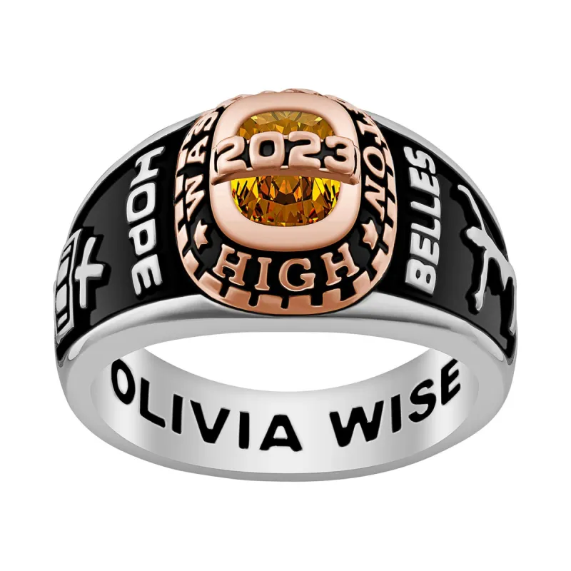 Ladies' Sterling Silver and 14K Rose Gold Plated Traditional Birthstone Class Ring sold by Limoges Jewelry