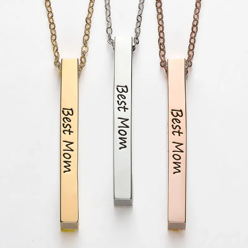 Vertical 4-sided Bar 'Best Mom' Engraved Family Name Necklace sold by Limoges Jewelry
