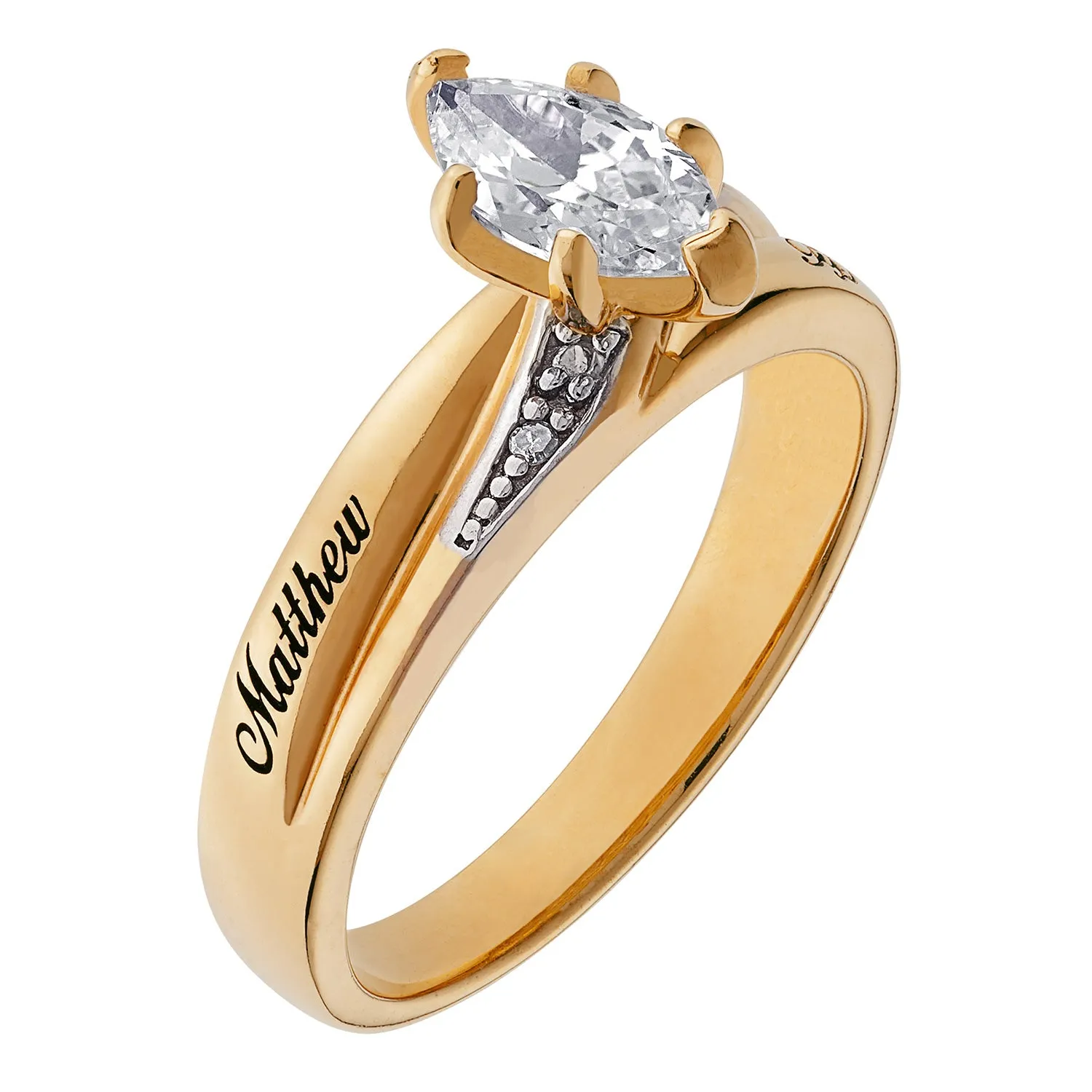 10K Yellow Gold Marquise CZ & Diamond Engraved Name Wedding Ring sold by Limoges Jewelry product image thumbnail 2