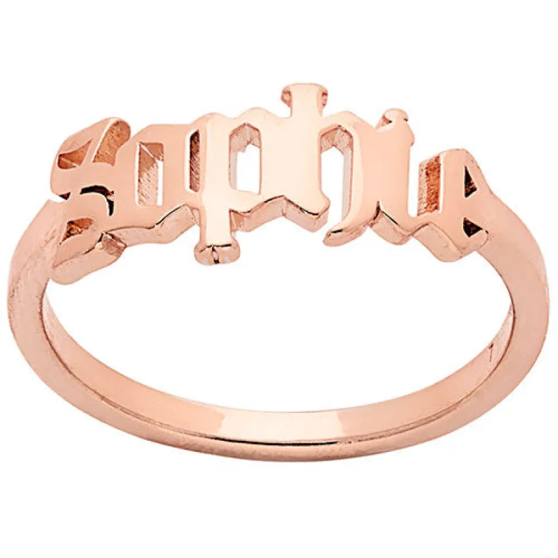 14K Rose Gold Plated New Old English Cutout Name Ring sold by Limoges Jewelry