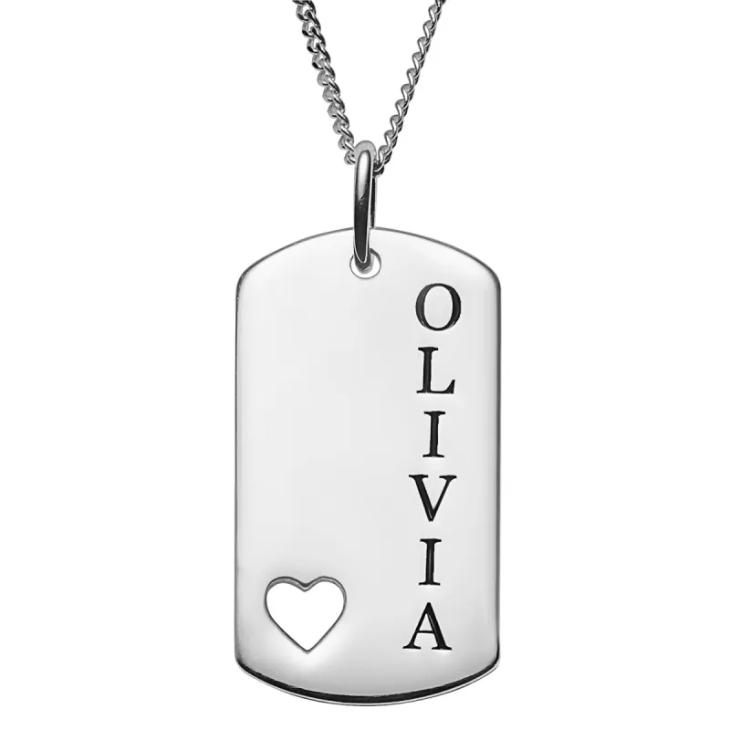 Sterling Silver Engraved Name Dog Tag with Heart Cut-out Pendant sold by Limoges Jewelry